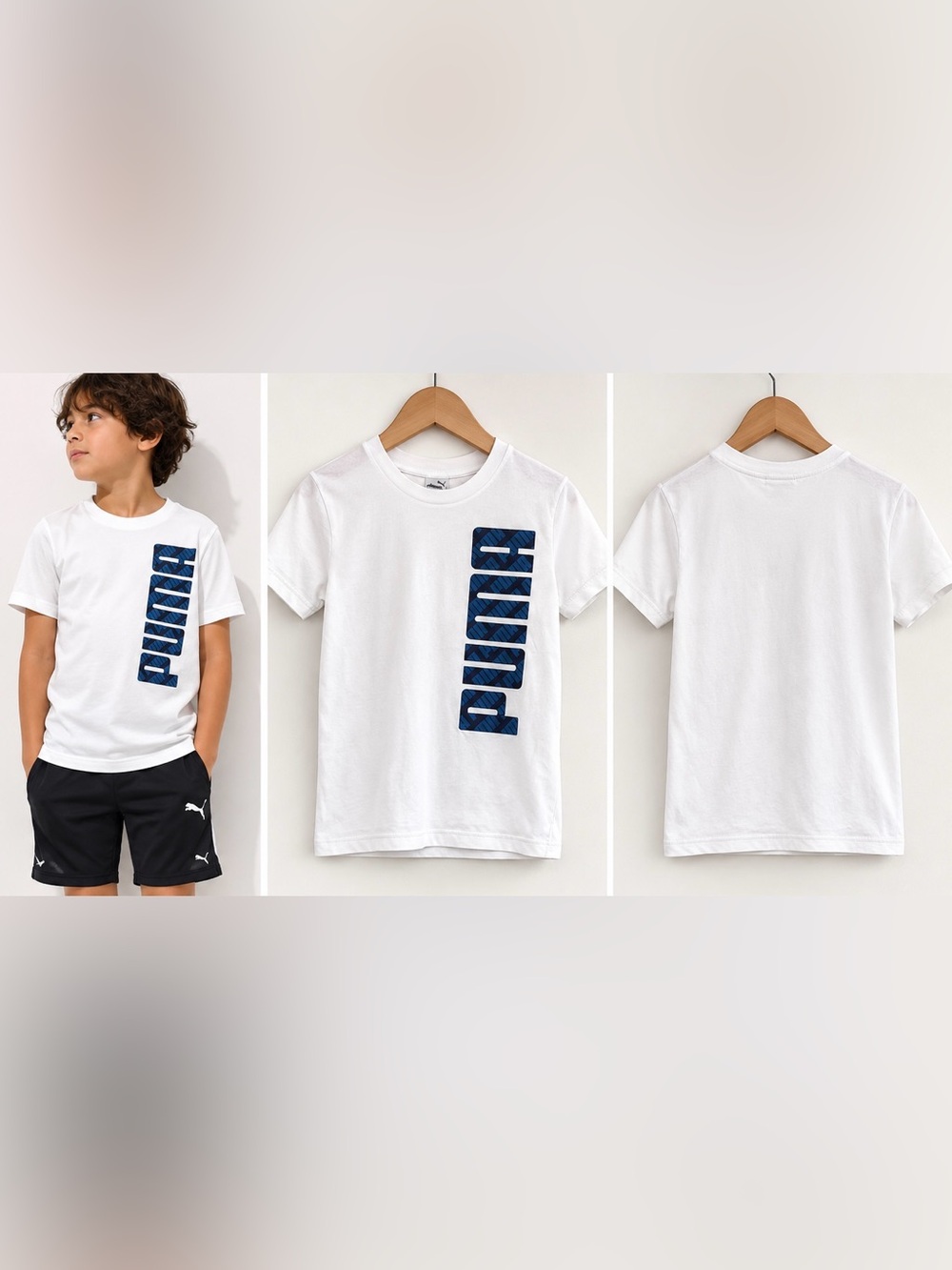 Puma Kids White Blue Vertical Logo Graphic T-Shirt Short Sleeve